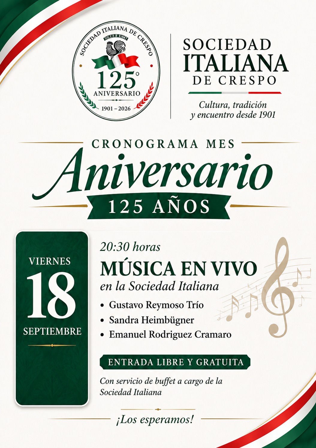 FESTEJOS POR LOS 125 AÑOS DE LA SOCIEDAD ITALIANA: MÚSICA EN VIVO